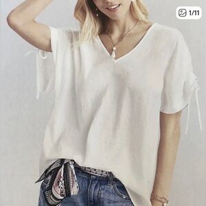 Cabi Seaside Blouse Adjustable Tie Sleeves White Oversized V Neck Size Small NWT